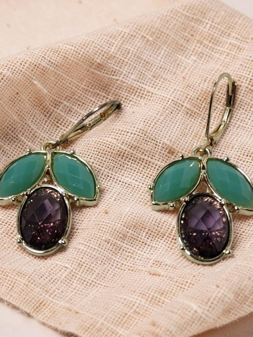 Vintage Signed Napier Goldtone Faux Turquoise and Amethyst Lever Back Drop Earri